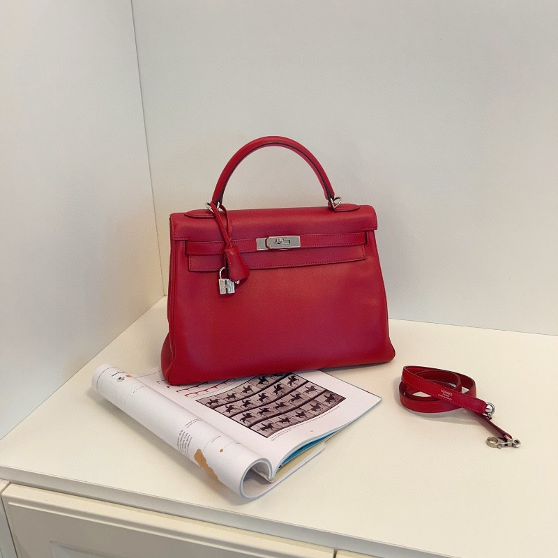Hermes愛馬仕 國旗紅S皮拼玫紅山羊皮 內裡雙環kelly32 肩背包 手提包 框O刻-0