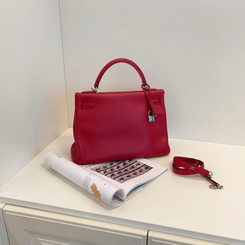 Hermes愛馬仕 國旗紅S皮拼玫紅山羊皮 內裡雙環kelly32 肩背包 手提包 框O刻-1