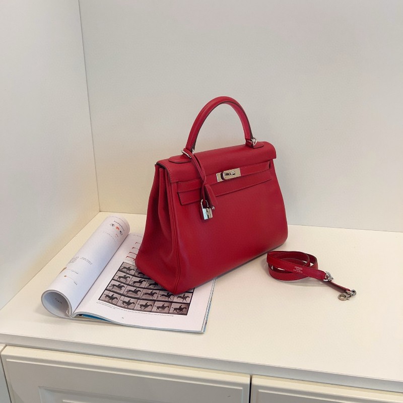 Hermes愛馬仕 國旗紅S皮拼玫紅山羊皮 內裡雙環kelly32 肩背包 手提包 框O刻-3