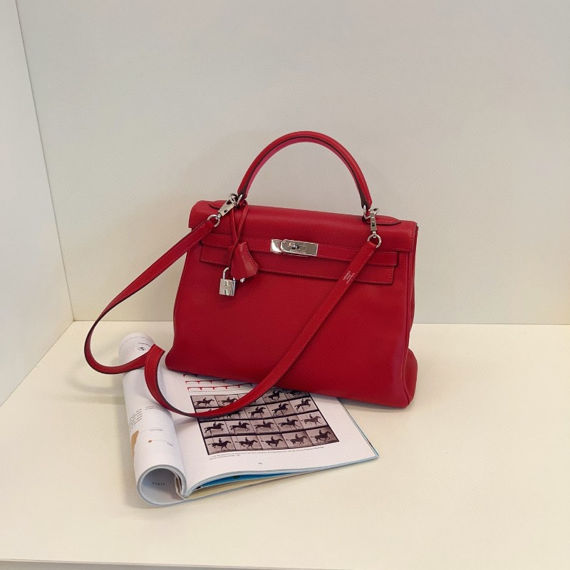Hermes愛馬仕 國旗紅S皮拼玫紅山羊皮 內裡雙環kelly32 肩背包 手提包 框O刻-6