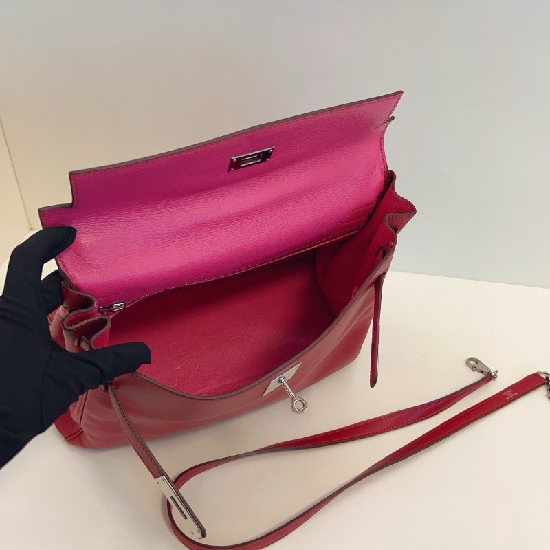 Hermes愛馬仕 國旗紅S皮拼玫紅山羊皮 內裡雙環kelly32 肩背包 手提包 框O刻-7