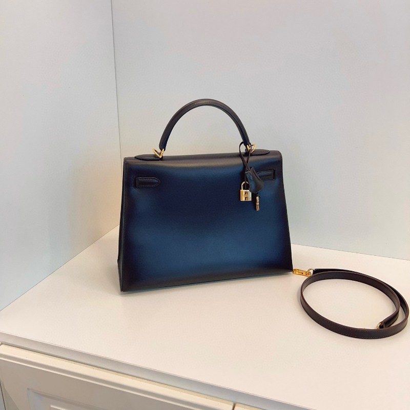 Hermes 愛馬仕 烏木色金扣雙環 kelly 32 凱莉包 後配肩帶 框D刻 Box皮 肩背包 手提包-1