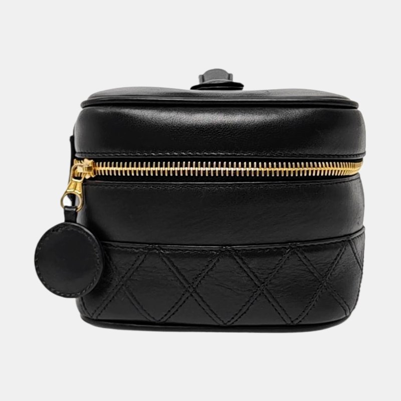 CHANEL 盒子包 黑色牛皮菱格紋化妝包手提包 金色五金 中古款-3