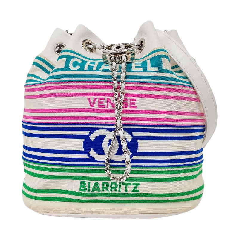 CHANEL水桶包 白色織物單肩包斜背包 銀色五金 27開-0