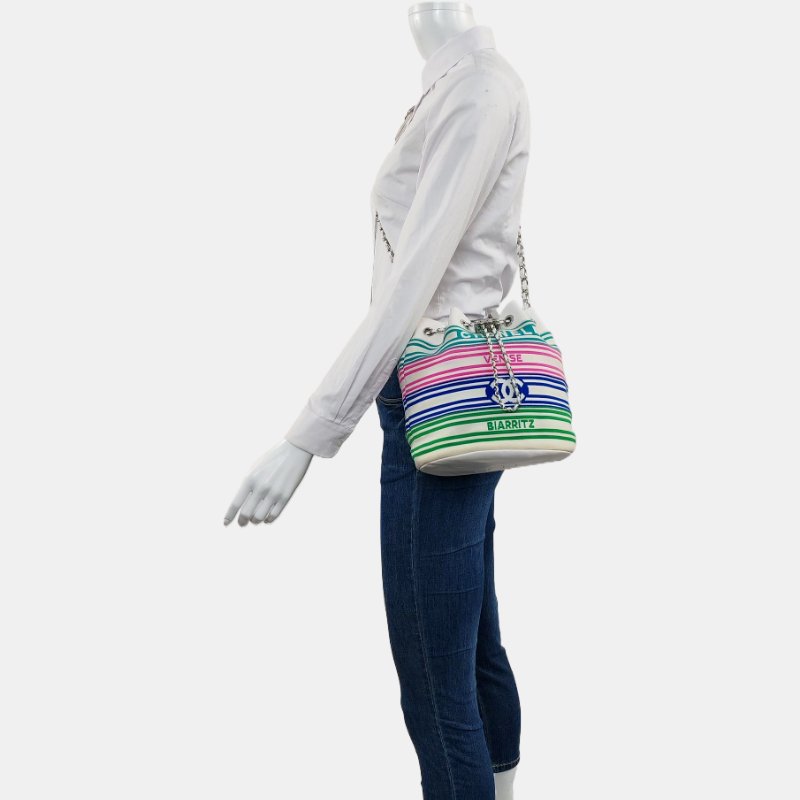 CHANEL水桶包 白色織物單肩包斜背包 銀色五金 27開-1