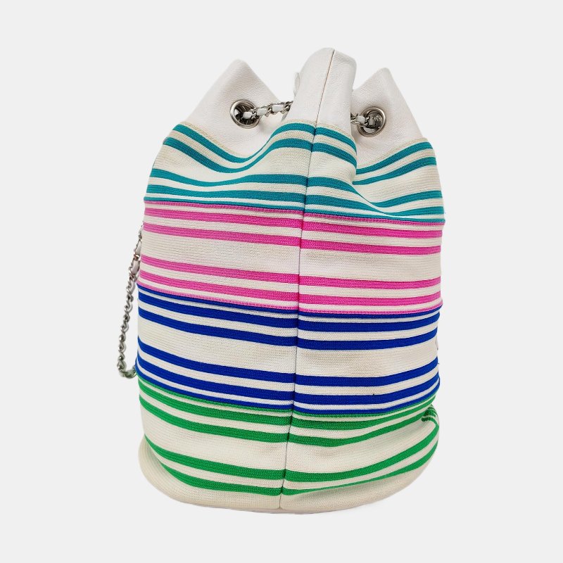 CHANEL水桶包 白色織物單肩包斜背包 銀色五金 27開-2