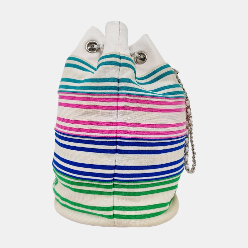 CHANEL水桶包 白色織物單肩包斜背包 銀色五金 27開-3