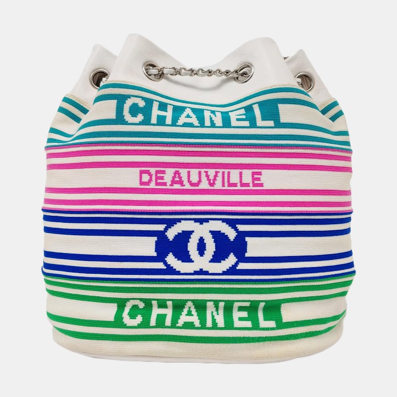 CHANEL水桶包 白色織物單肩包斜背包 銀色五金 27開-4