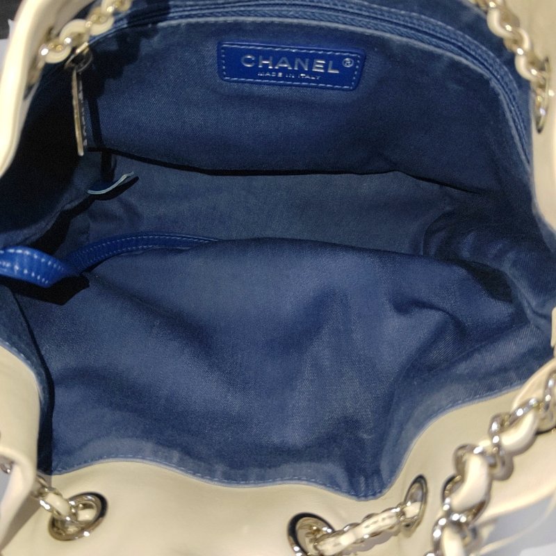 CHANEL水桶包 白色織物單肩包斜背包 銀色五金 27開-6