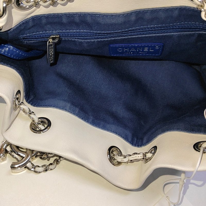 CHANEL水桶包 白色織物單肩包斜背包 銀色五金 27開-10