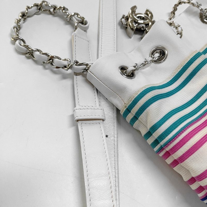 CHANEL水桶包 白色織物單肩包斜背包 銀色五金 27開-12