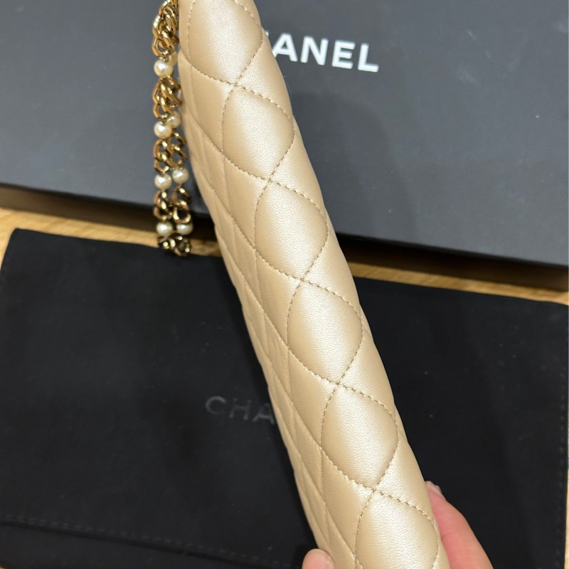 🎄冬日質感 聖誕 CHANEL 香奈兒 香檳金 小羊皮 珍珠鏈條 拉鍊長夾 喜歡來議價❤️-1