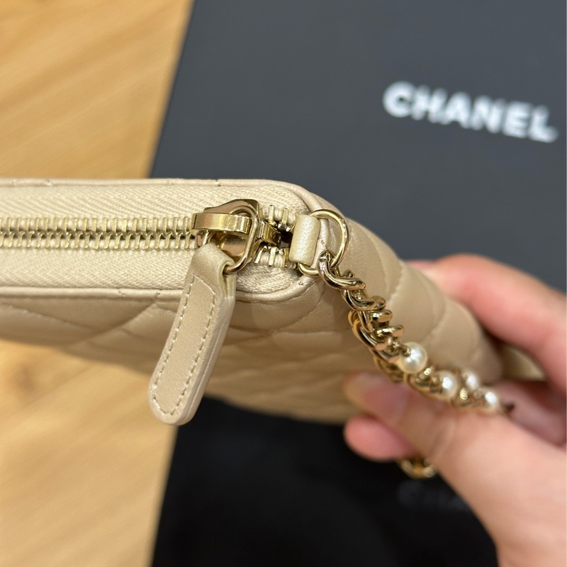 🎄冬日質感 聖誕 CHANEL 香奈兒 香檳金 小羊皮 珍珠鏈條 拉鍊長夾 喜歡來議價❤️-16