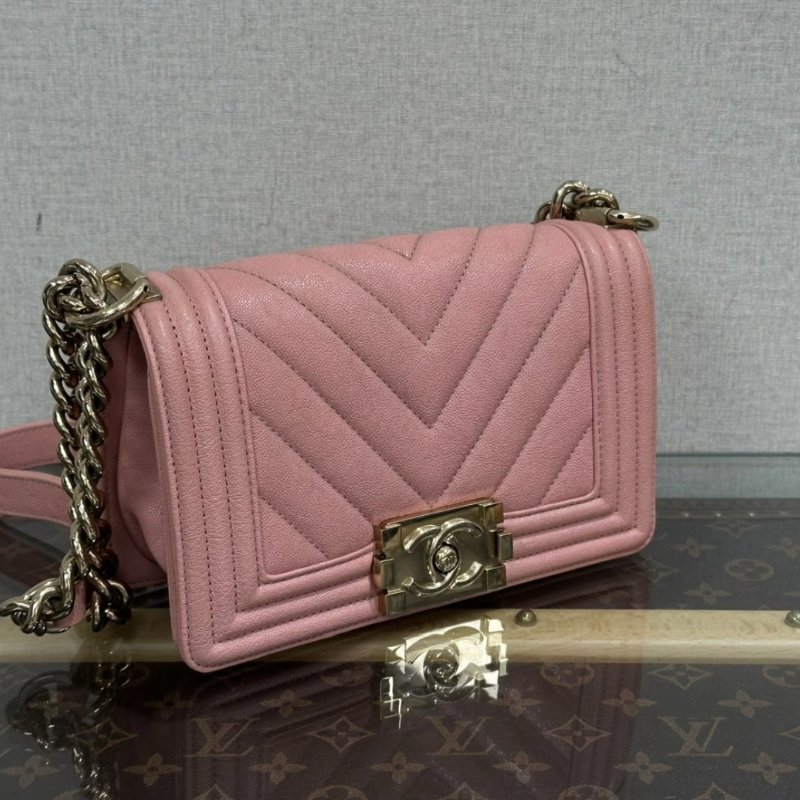 CHANEL 粉金荔枝牛皮V紋小號Leboy肩背斜背包 21*13*8 98新配件塵袋保卡-1