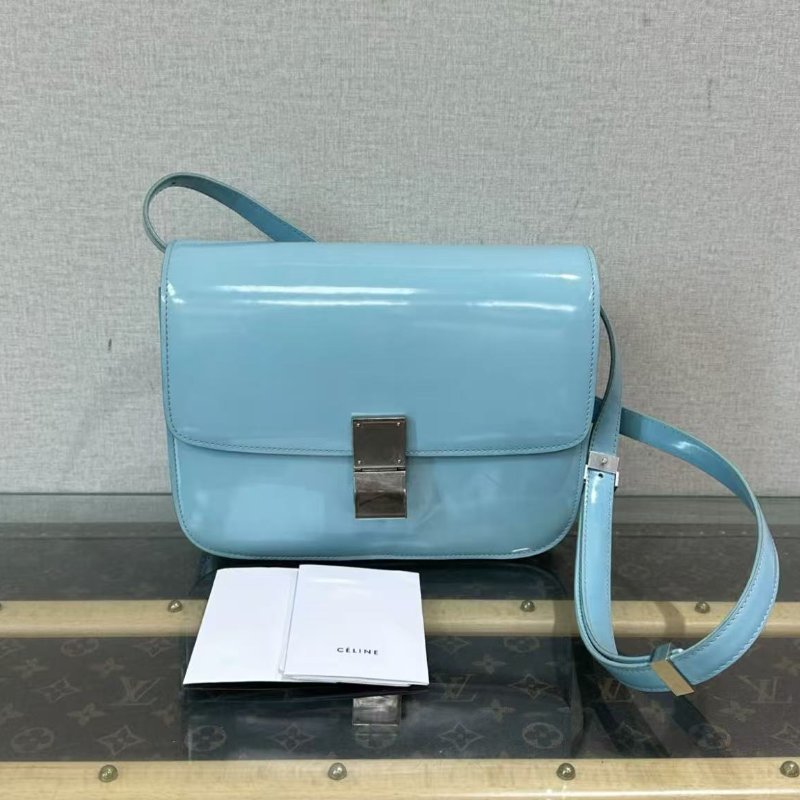 ✨CELINE 藍銀漆皮box中號肩背斜背豆腐包:24*18*7 98新配件塵袋-0