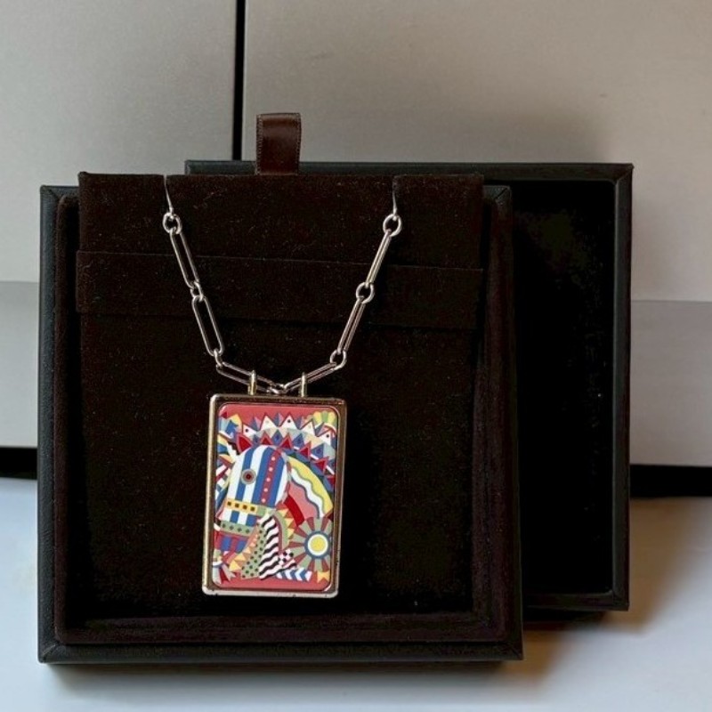 Hermes 銀鍊粉色馬頭琺瑯硬盒長項鍊-0