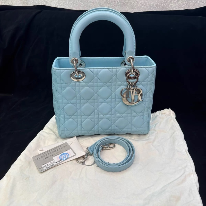 98新 Dior Lady Dior 淡藍色羊皮戴妃五格手提單肩包 優雅高貴-0