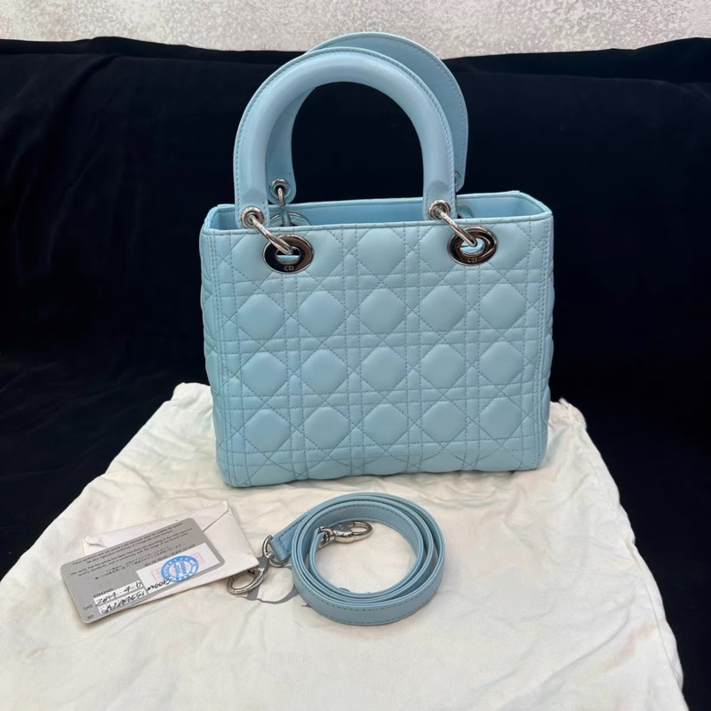98新 Dior Lady Dior 淡藍色羊皮戴妃五格手提單肩包 優雅高貴-2