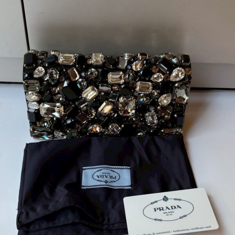 Prada 黒緞布裡大水鑽手拿晚宴包-3