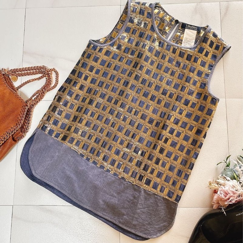 S Maxmara 上無袖袖 金格子 藍底 8成新-5