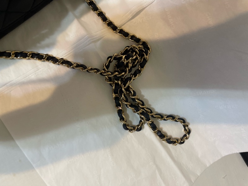 極新香奈兒淡金釦Chanel handle 20cm極深藍質感深藍芯片款-13