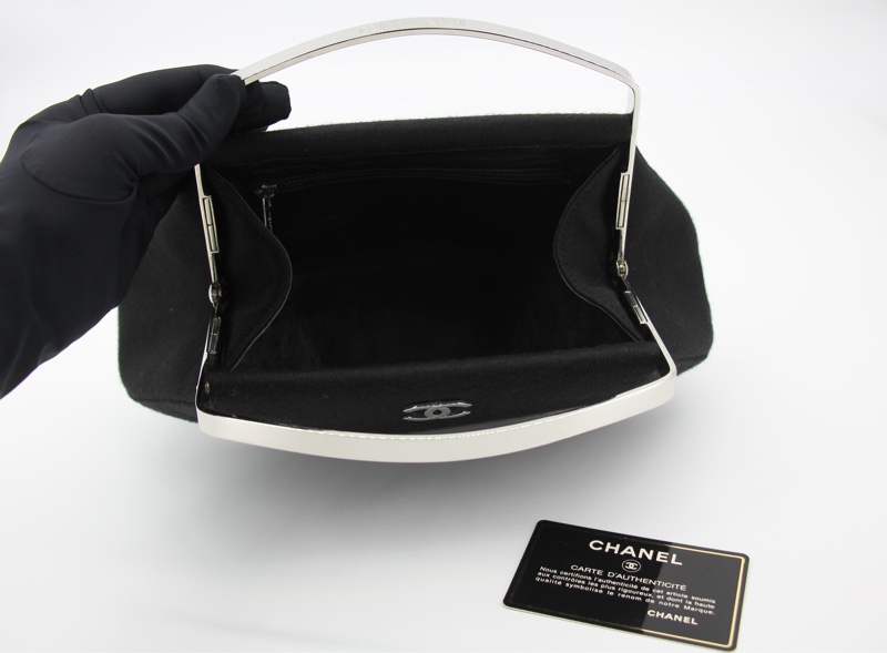 Chanel Vintage 97-99 Metal & Suede Black Silver Top Handle Satchel Clutch Evening Party Bag-7