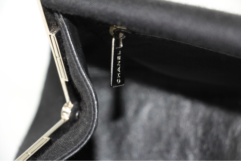 Chanel Vintage 97-99 Metal & Suede Black Silver Top Handle Satchel Clutch Evening Party Bag-11