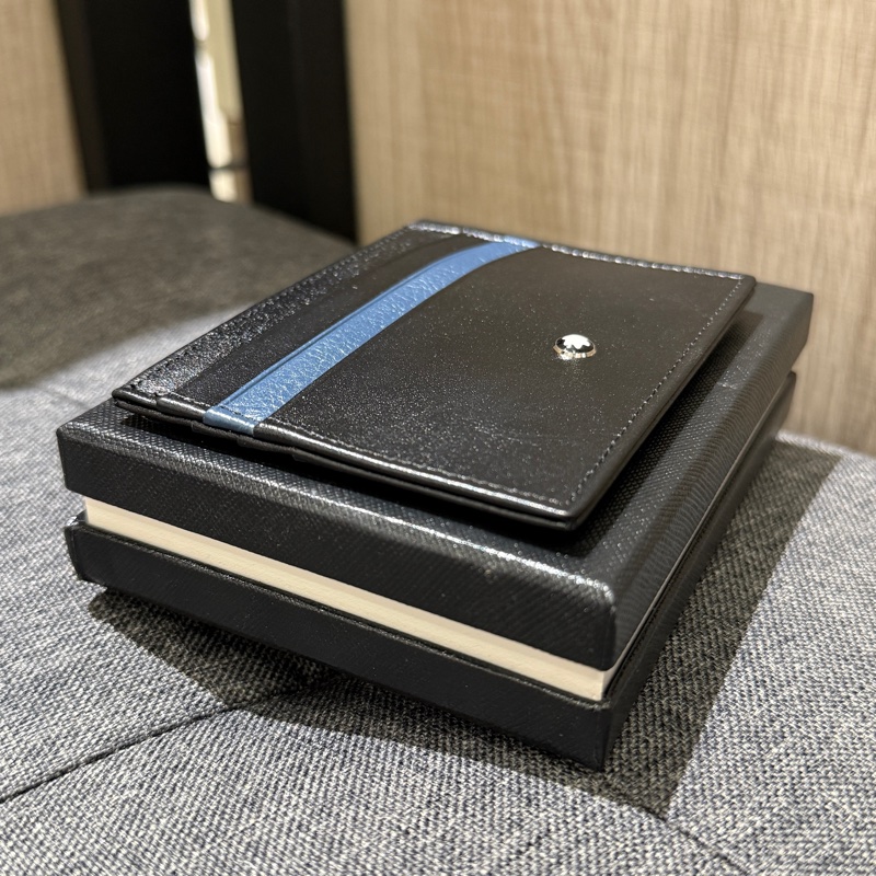 全新 MONT BLANC 萬寶龍 黑藍雙色全皮卡夾 信用卡夾-3