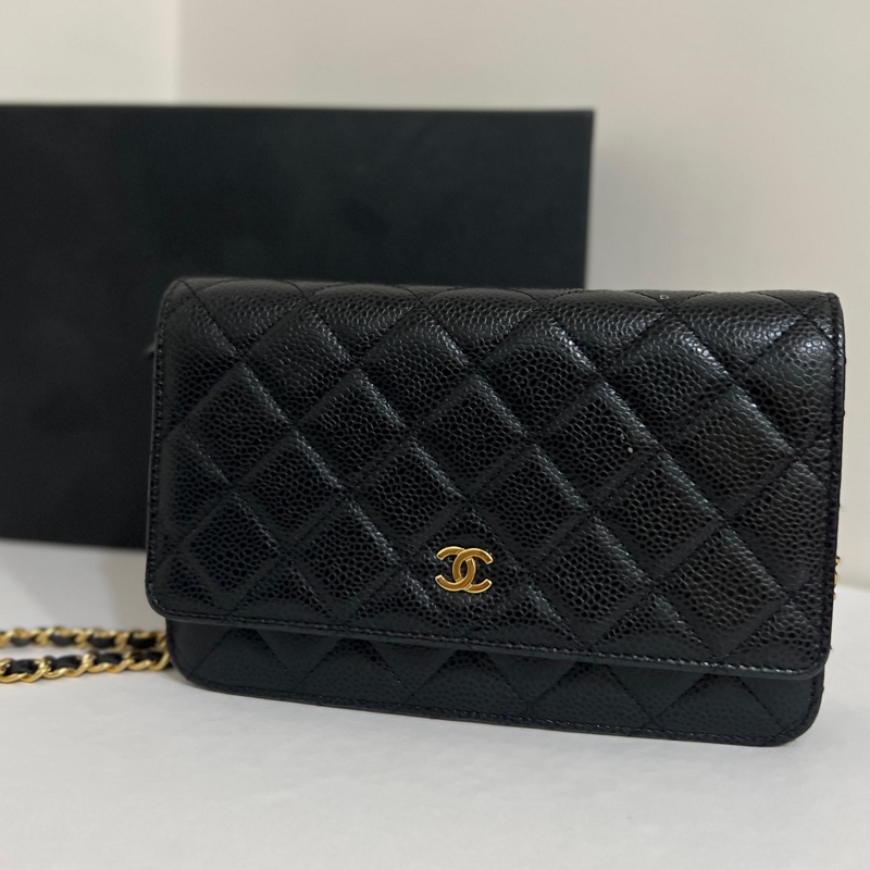 義大利專櫃購入經典香奈兒Chanel WOC黑荔枝牛皮金鍊-10