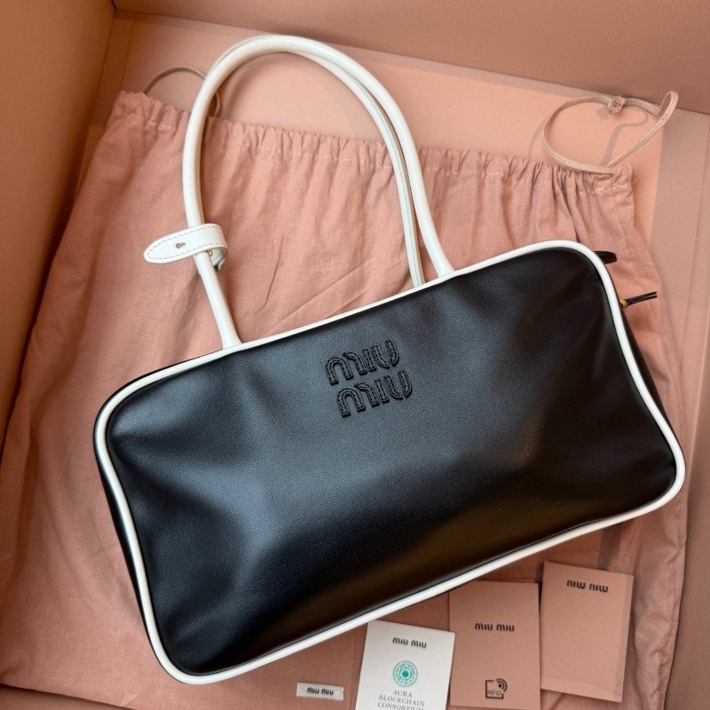 Miu Miu Beau黑色白邊皮革手提包 肩背包-0