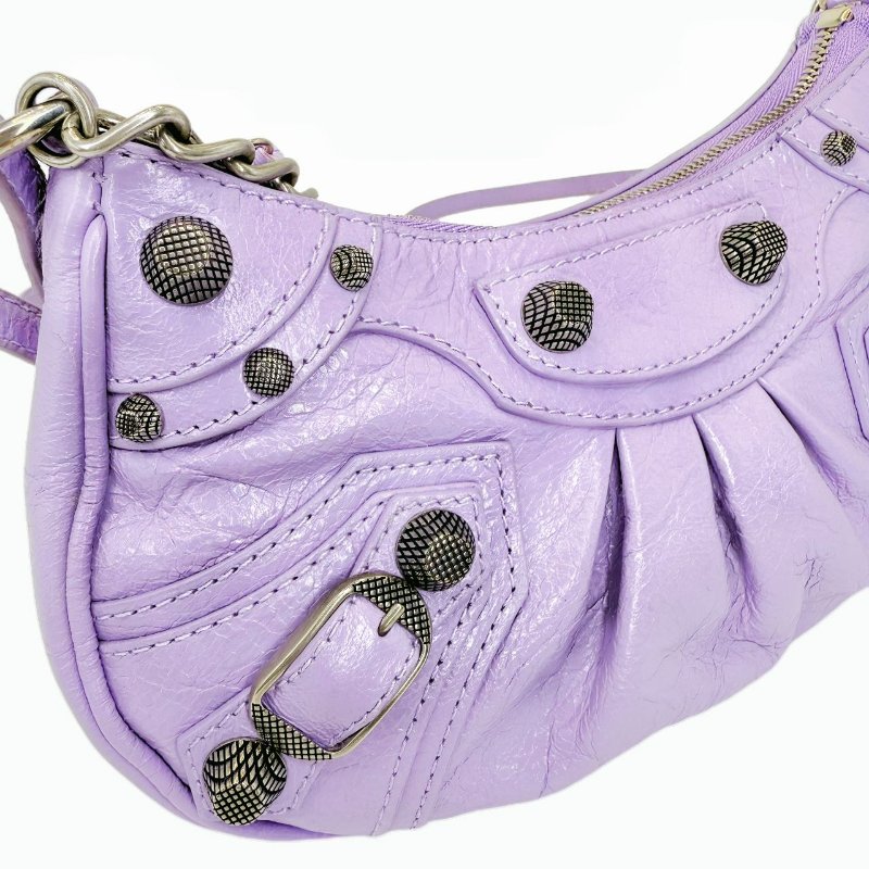 Balenciaga巴黎世家 Le Cagole 復古銀色金屬鉚釘拉鍊扣 羊皮 機車包餃子包單肩包 迷你 女款 紫色-5