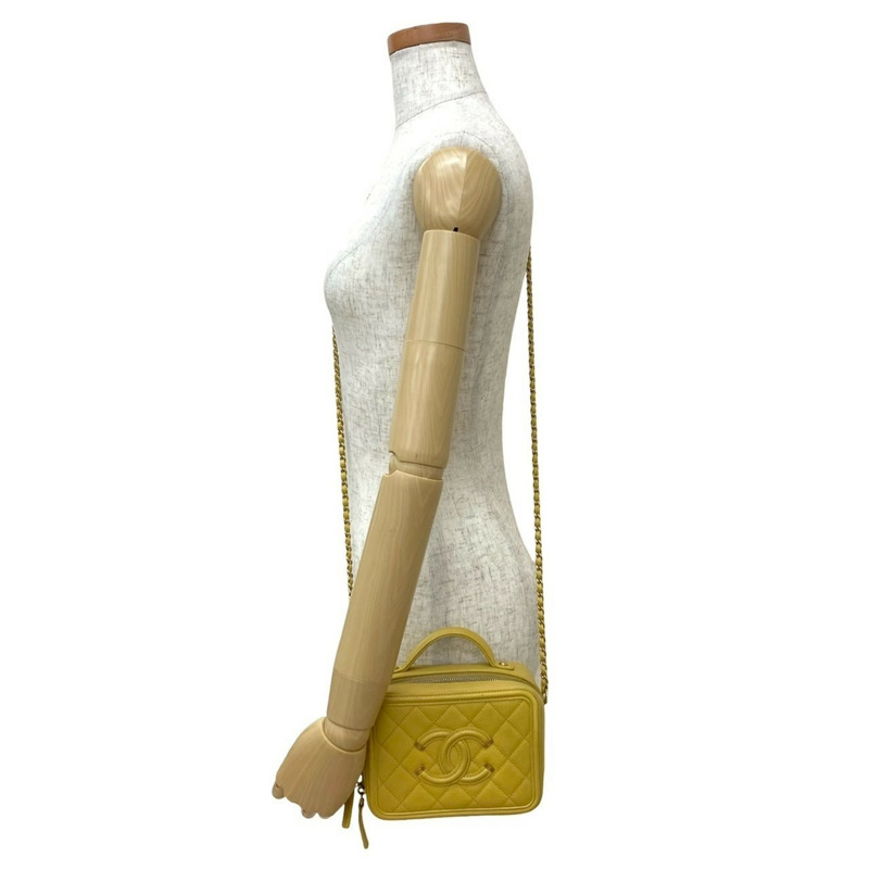 CHANEL CC Figurine Coco Mark Caviar 皮革鏈條單肩包,黃色,38302-1