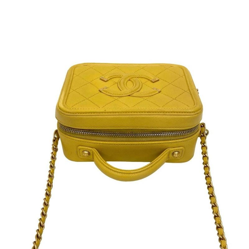 CHANEL CC Figurine Coco Mark Caviar 皮革鏈條單肩包,黃色,38302-3