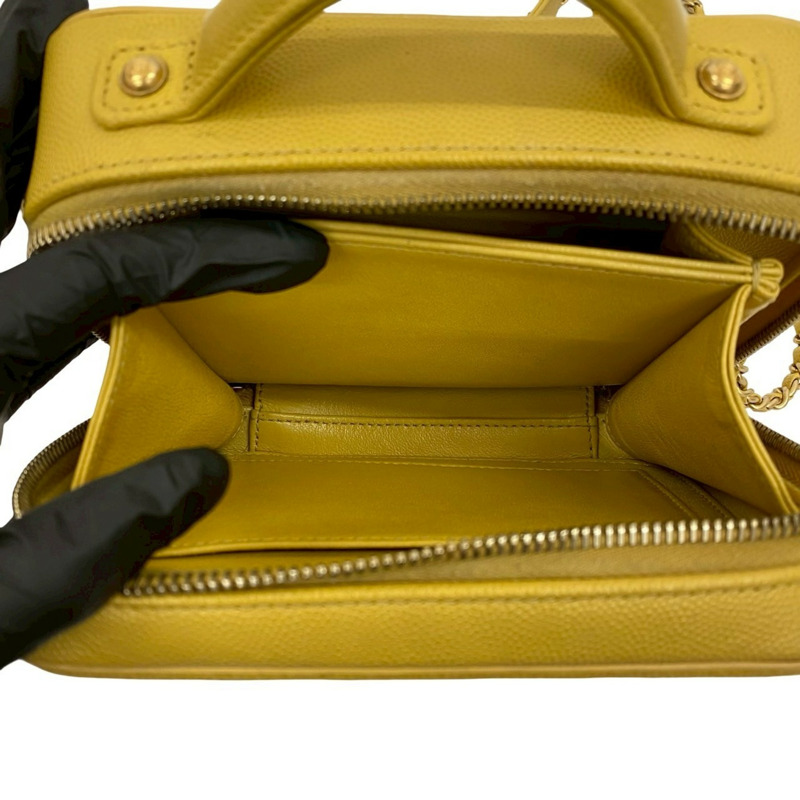 CHANEL CC Figurine Coco Mark Caviar 皮革鏈條單肩包,黃色,38302-8