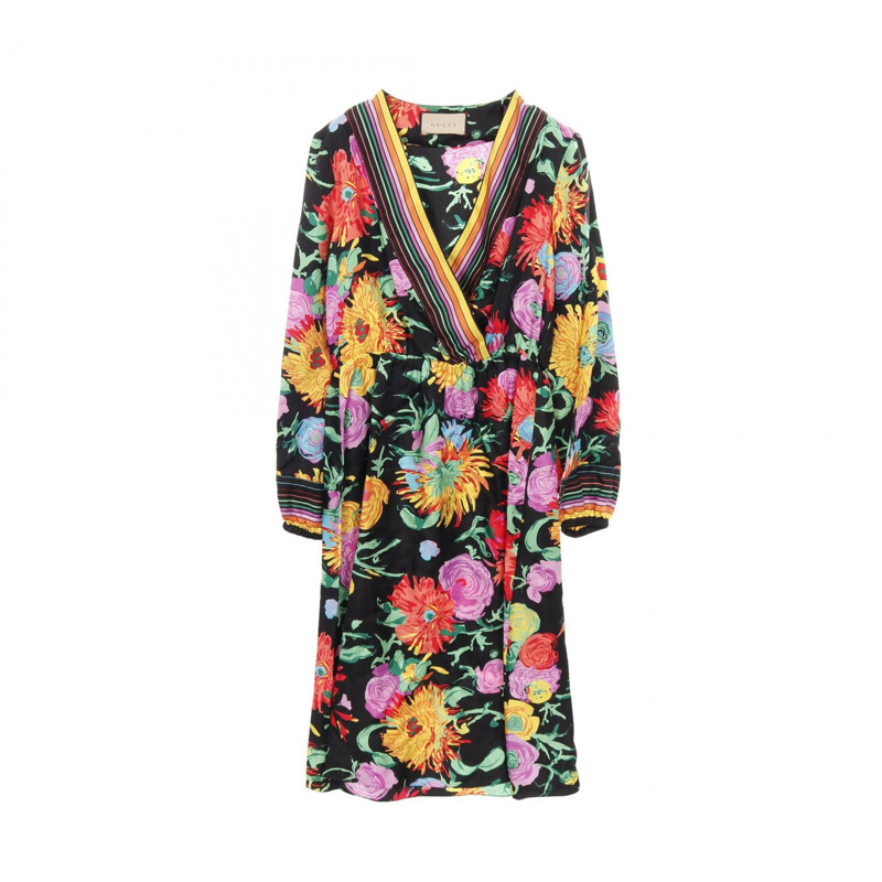 GUCCI x Ken Scott 聯名款花卉連身裙 650508 絲綢黑色多色二手女裝 #38-2