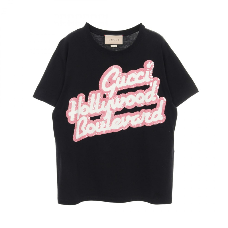 GUCCI HOLLYWOOD BOULEVARD 亮片標誌 T 卹棉質黑色粉紅二手女款 #XXS-0