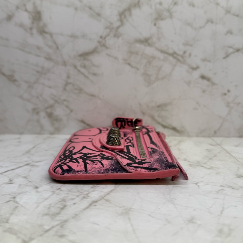 巴黎世家 粉全皮塗鴉零錢卡包-3