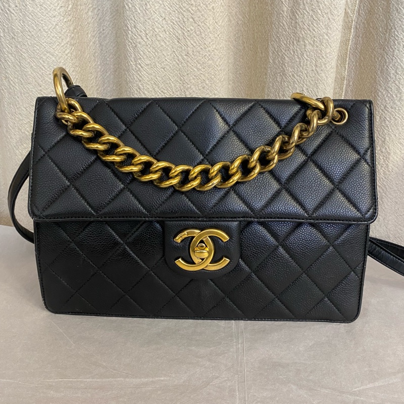 Chanel 香奈兒/黑金荔枝牛皮 孟買系列手提單肩斜挎包18開-0