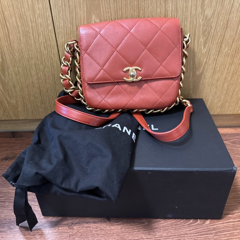 CHANEL Calfskin Quilted Small Framing Chain Bag Brown 小牛皮細號垂蓋手袋-0