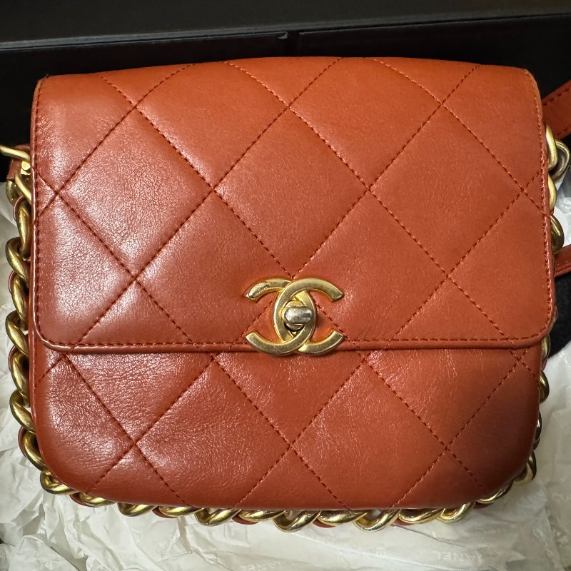 CHANEL Calfskin Quilted Small Framing Chain Bag Brown 小牛皮細號垂蓋手袋-1