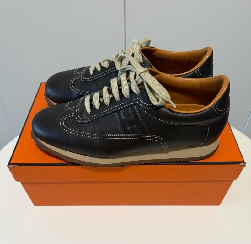 HERMES咖啡真皮綁帶休閒鞋，尺寸：43-0