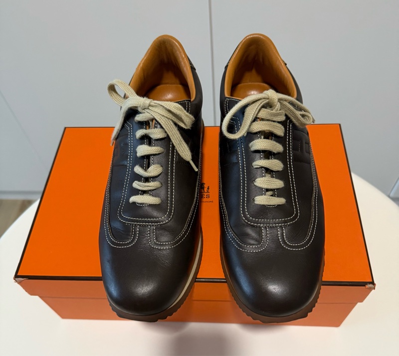 HERMES咖啡真皮綁帶休閒鞋，尺寸：43-8