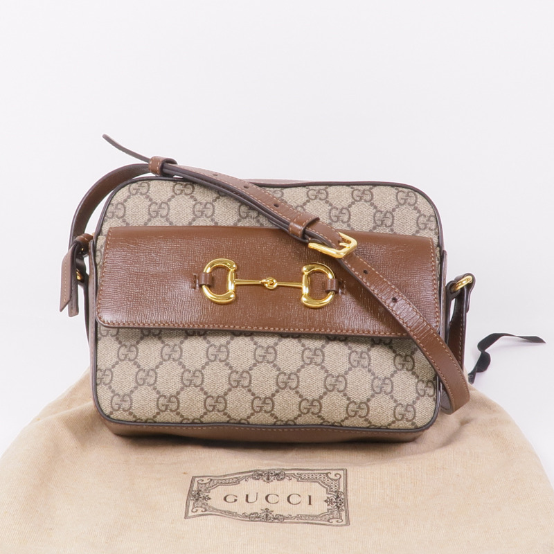 GUCCI 塗層帆布/皮革Horsebit 1955金扣肩背袋-14
