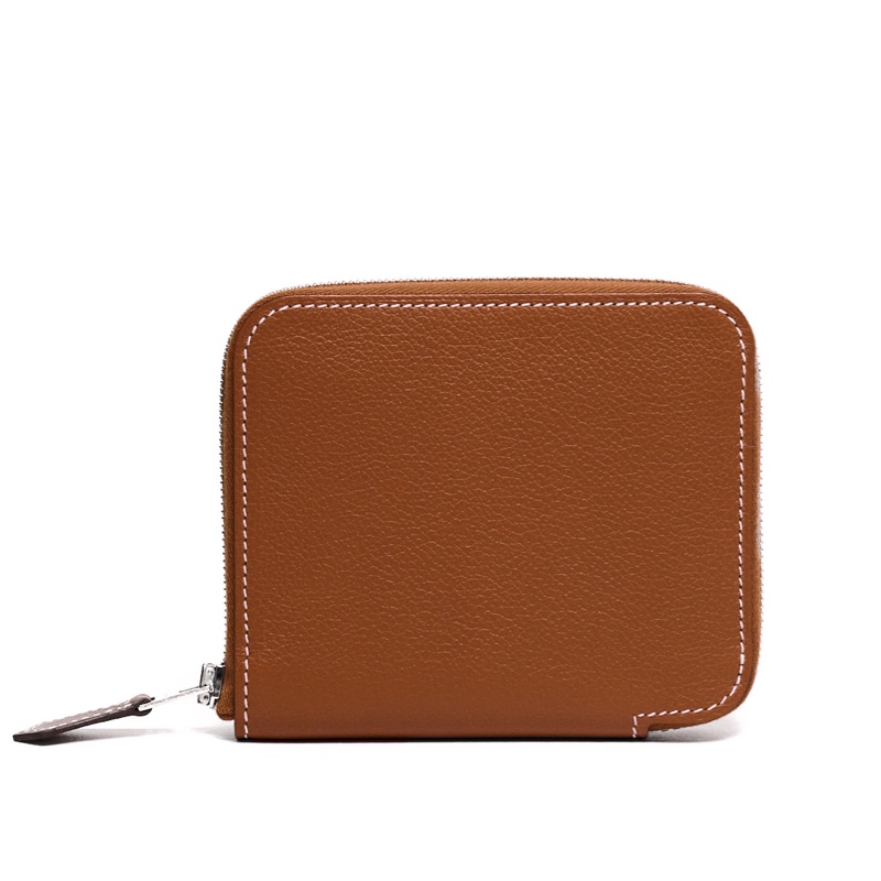 HERMES 牛皮拉鍊絲巾短夾 焦糖棕色 全新 W刻-0