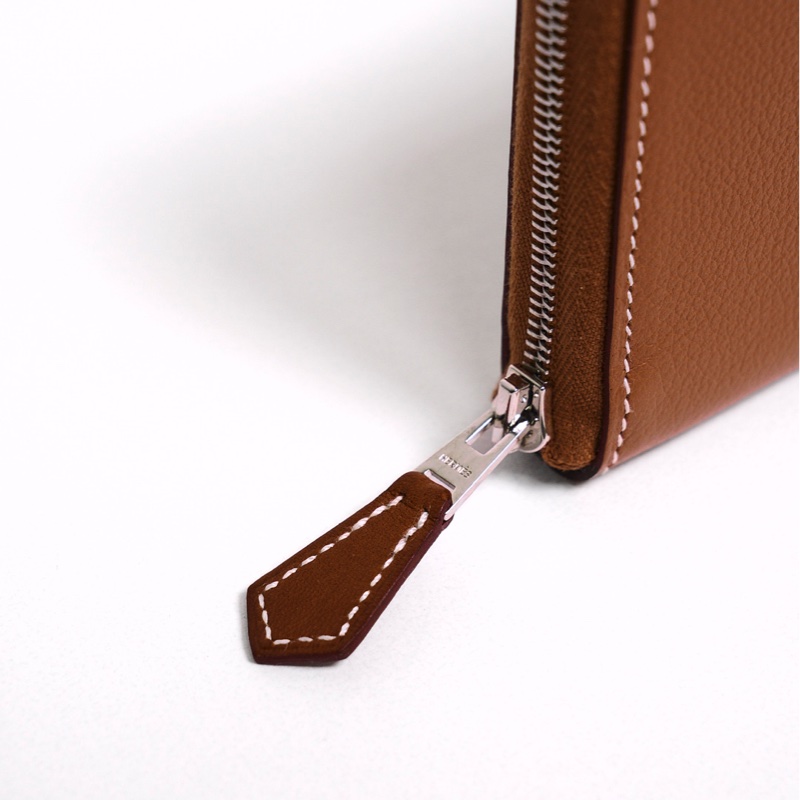 HERMES 牛皮拉鍊絲巾短夾 焦糖棕色 全新 W刻-1