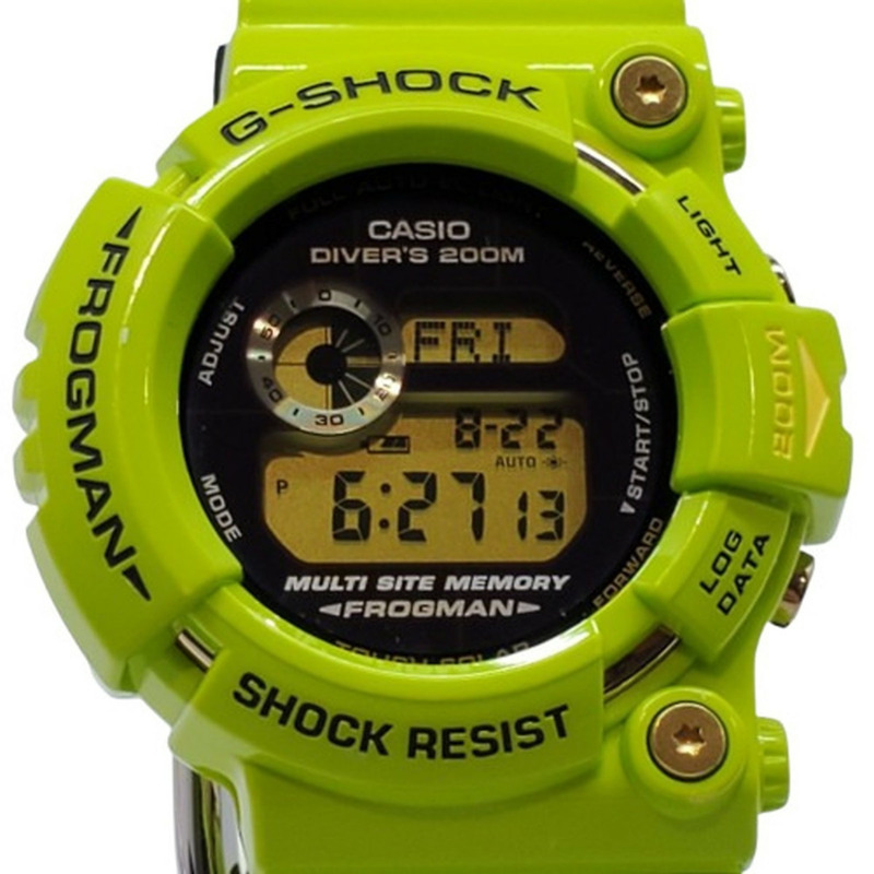 G-SHOCK CASIO Frogman GW-200F-3JR 腕錶，2009 年款，飾有海豚、鯨魚、樹蛙和樹葉圖案，顏色為青檸綠。堅固耐用，配備太陽能。男士款。貝塚店有售。-0