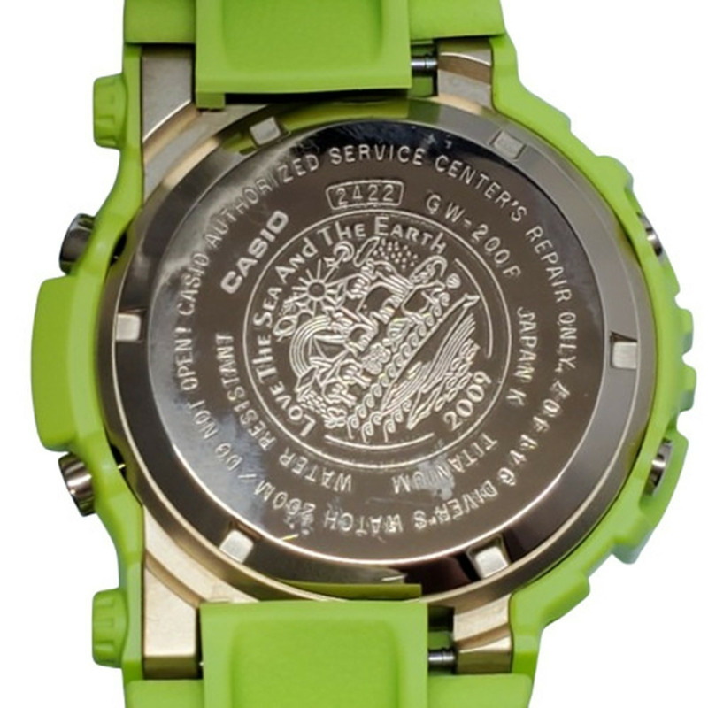 G-SHOCK CASIO Frogman GW-200F-3JR 腕錶，2009 年款，飾有海豚、鯨魚、樹蛙和樹葉圖案，顏色為青檸綠。堅固耐用，配備太陽能。男士款。貝塚店有售。-7