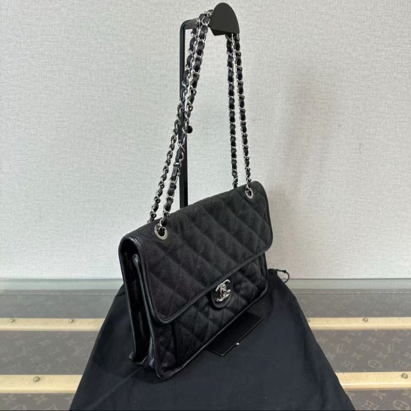 ✨CHANEL 黑銀荔枝牛皮CF機場鍊條包31*20*7 98新配件塵袋-1