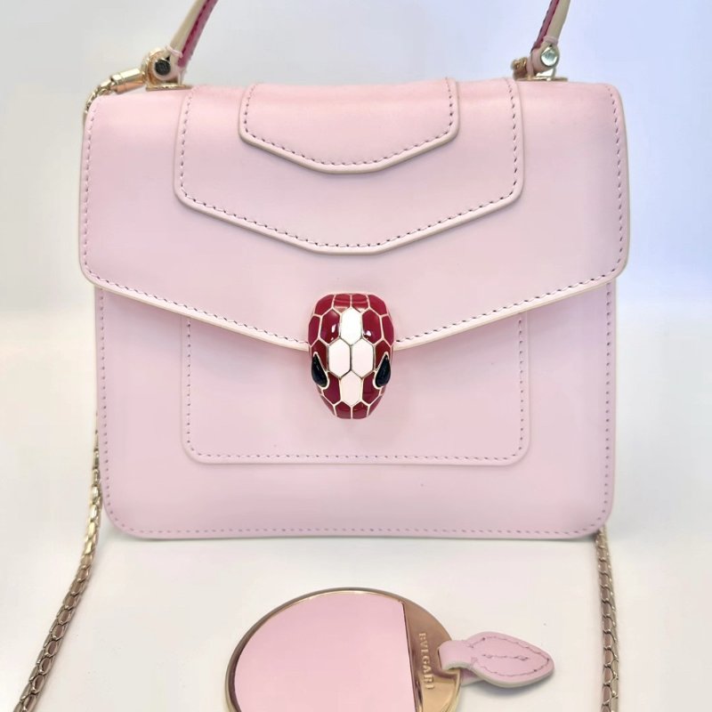 BVLGARI 櫻花粉小號蛇頭風琴手提斜背包18*16*10 98新配件鏡子塵袋-0