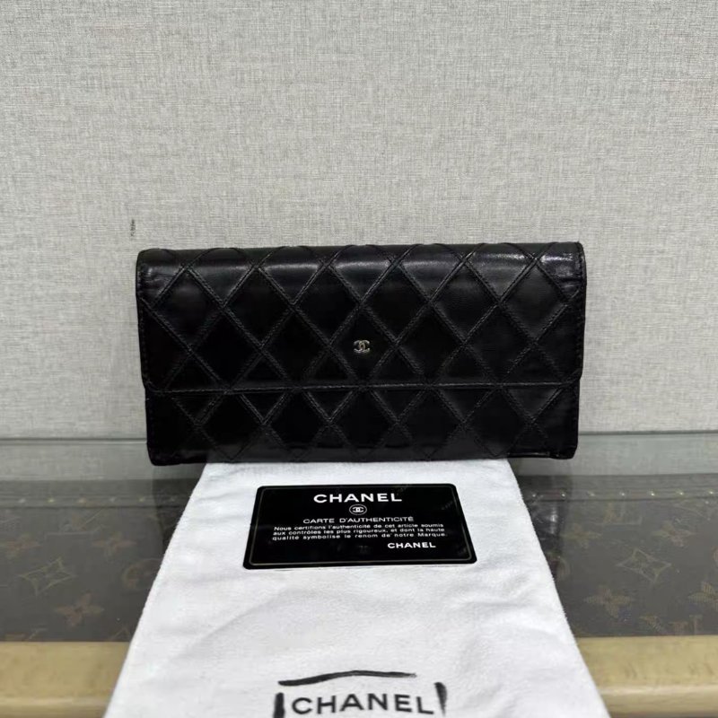 CHANEL 黑銀菱格紋長夾 98新配件塵袋保卡-0